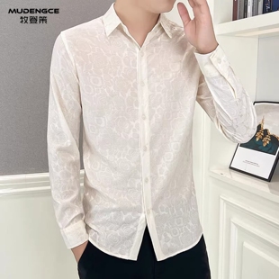 韩版刺绣暗花纹长袖衬衫男士高级感修身加厚商务通勤休闲翻领衬衣