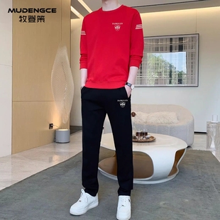 【马跃新程】本命年红色运动套装男士新款圆领运动风休闲轻奢卫衣
