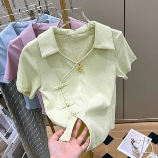 设计感复古中式盘扣polo领上衣潮短袖t恤女夏季独特别致短款打底