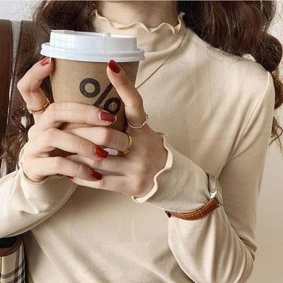 德绒打底衫女半高领秋冬白色木耳边修身长袖T恤保暖上衣内搭叠穿