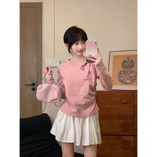 甜妹风粉色立体蝴蝶结绑带t恤女别致设计感卷边长袖 收腰褶皱短款