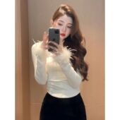 T恤上衣打底衫 秋冬新款 女 洋气袖 口毛毛拼接长袖 2025法式 气质时尚