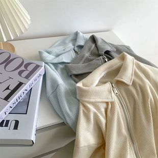 正肩上衣女学生春秋新款 拉链卫衣外套polo领短款 宽松原宿风ins潮