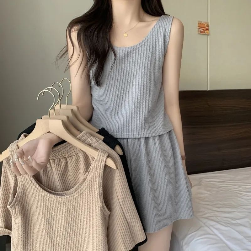 纯色背心运动套装女2025夏季新款舒适懒人宽松休闲背心短裤两件套