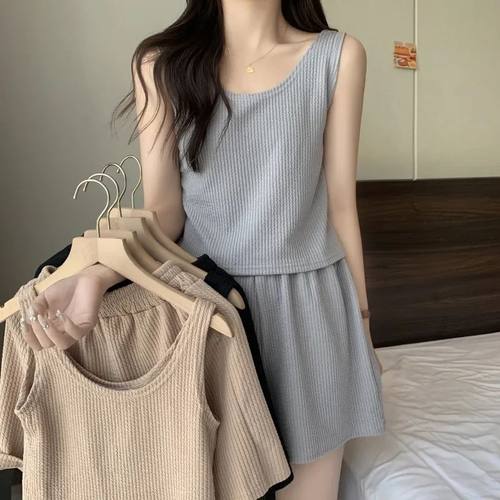 纯色背心运动套装女2025夏季新款舒适懒人宽松休闲背心短裤两件套