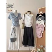 不规则抽褶收腰一字荡领斜露肩两穿T恤女夏辣妹纯欲度假显瘦上衣