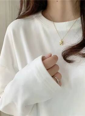 保暖加厚双面德绒圆领白色打底衫女加绒秋冬磨毛内搭宽松中长T恤