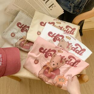 莫代尔小熊字母印花短袖 小众减龄宽松休闲百搭打底上衣 T恤女夏季