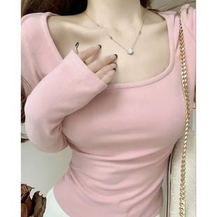 显瘦长袖 高级感方领锁骨上衣修身 T恤潮 女秋冬新款 德绒内搭打底衫