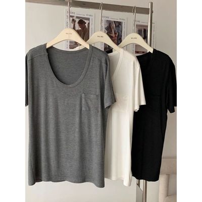 超手感莫代尔灰色U领短袖T恤女夏季新款修身打底衫气质内搭上衣潮
