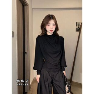 荡领设计感正肩长袖灯笼袖T恤女早秋新款显瘦百搭修身气质小上衣