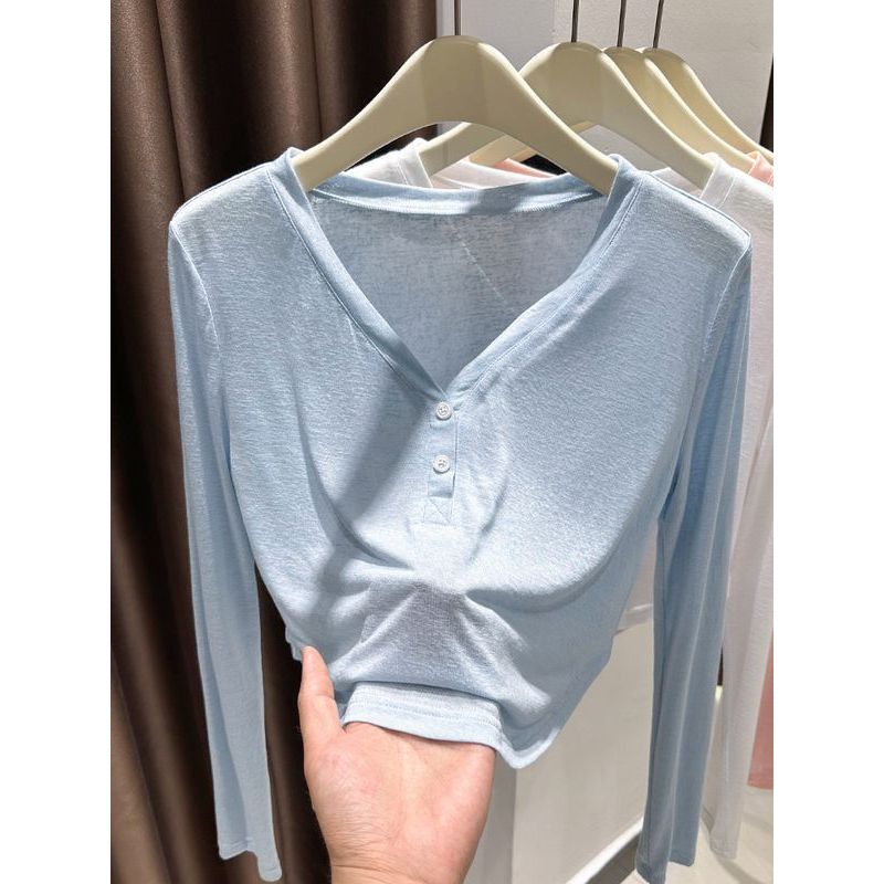 冰丝针织防晒罩衫长袖T恤女夏季雪花棉打底衫薄款纯欲V领短款上衣