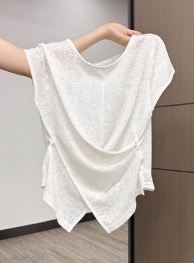 jue对颜值担当~白色微透纽扣圆领短袖T恤女夏季修身显瘦绝美上衣