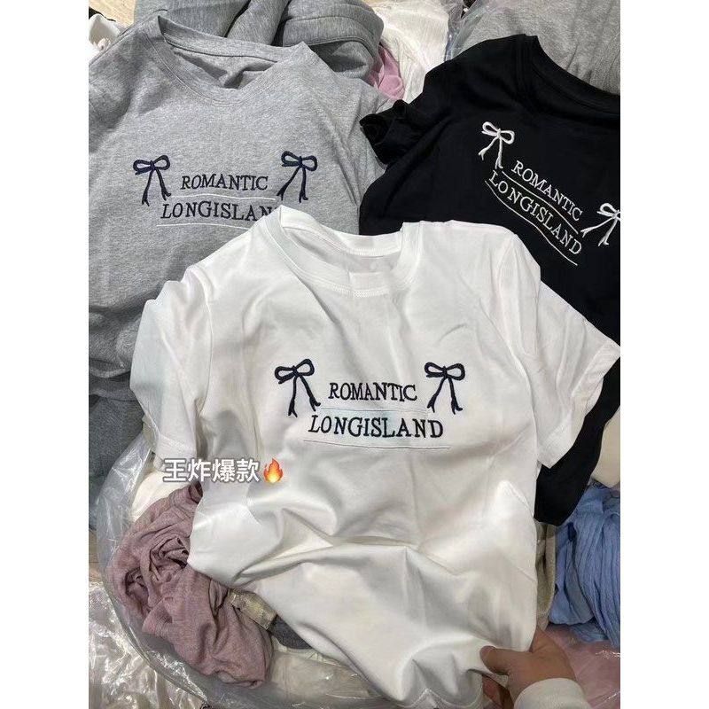 莫代尔短袖刺绣蝴蝶结T恤女2025夏季简约休闲美式字母印花上衣服,女装/女士精品,T恤,淘宝优惠券,粉丝福利购,淘宝优惠卷