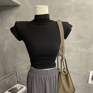 韩国Re销 打底t恤纯色内搭上衣新2025 气质半高领背心女修身 短袖