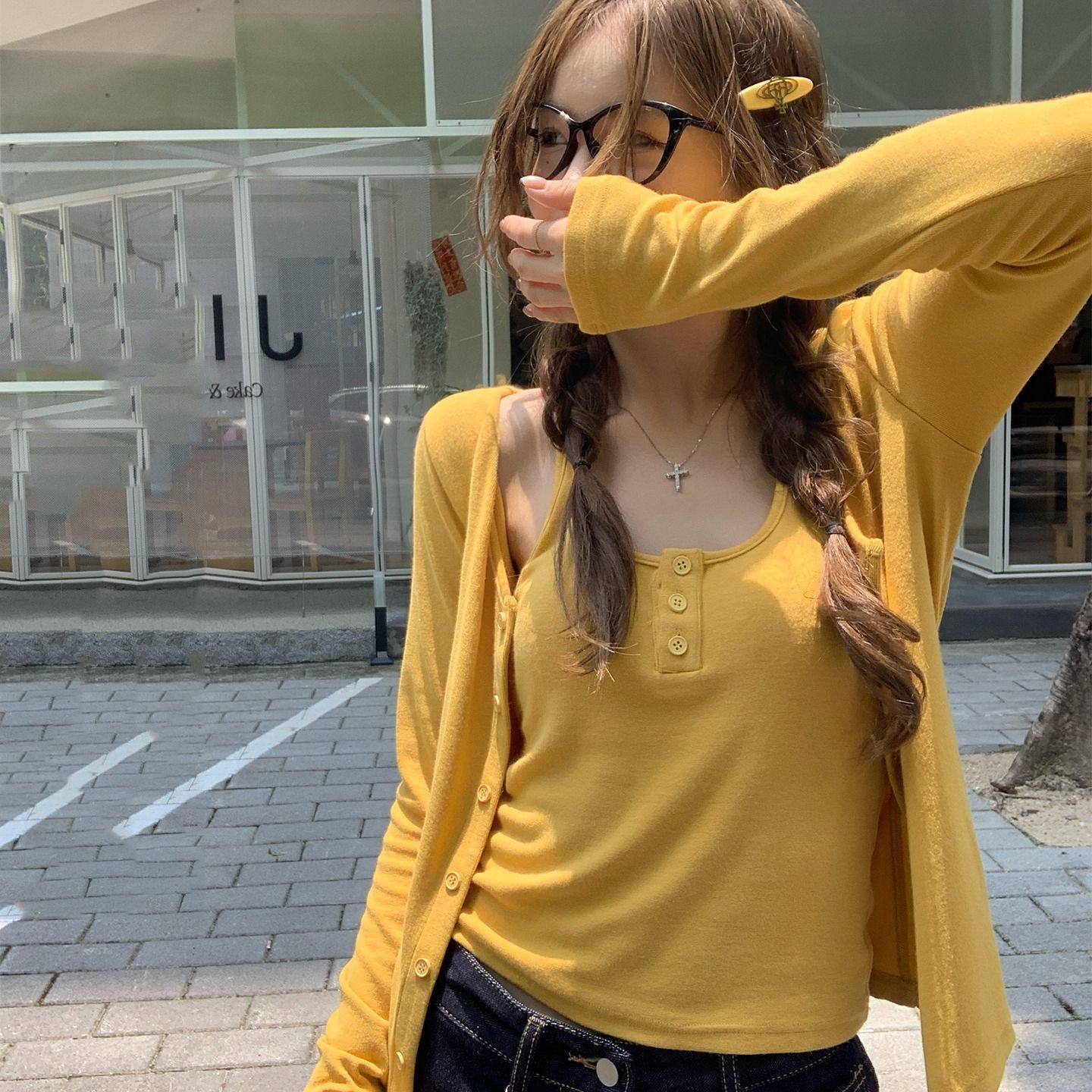 莫代尔纯棉开衫外套女披肩配吊带背心外搭防晒罩衫两件套长袖上衣图片