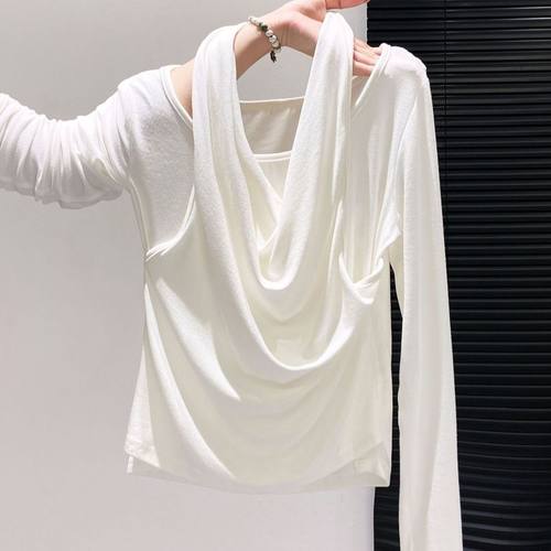法式设计感假两件挂脖长袖t恤