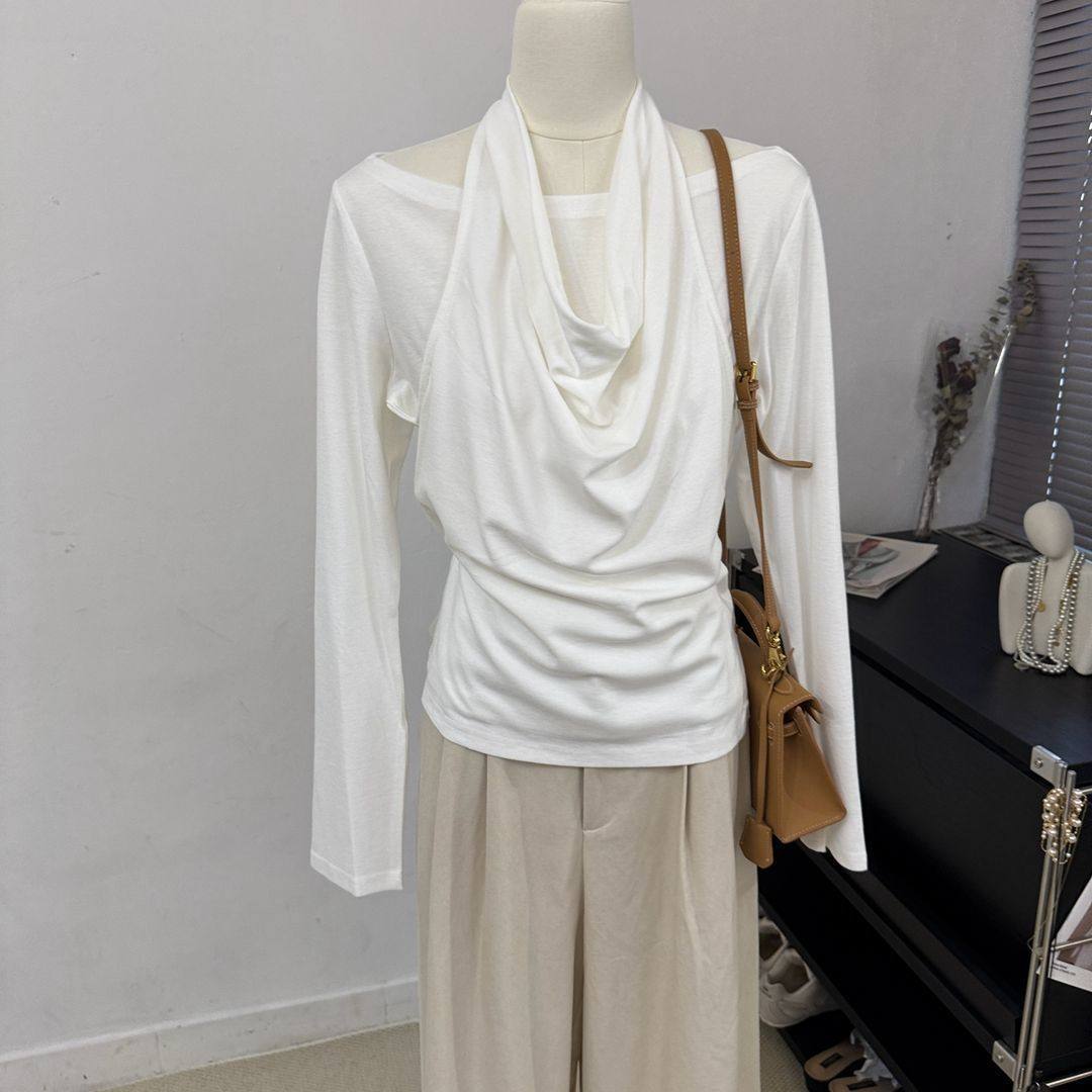 法式设计感假两件挂脖长袖t恤