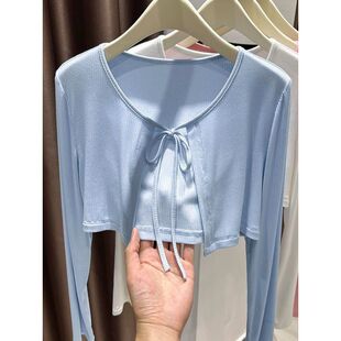 蓝色绑带莫代尔披肩外搭吊带裙开衫薄款女夏季防晒短款小罩衫外套