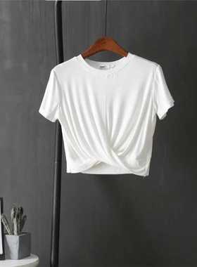 LDD-新款韩版莫代尔打结短袖t恤女夏季短款显瘦运动休闲上衣潮