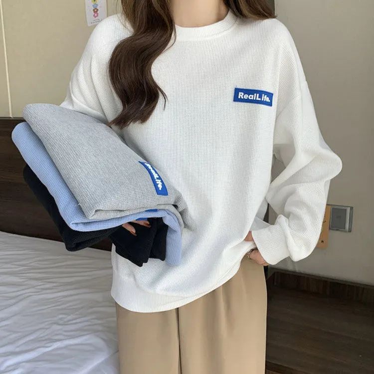 华夫格卫衣女圆领宽松春秋2025新款韩版慵懒风薄款学生上衣外套潮