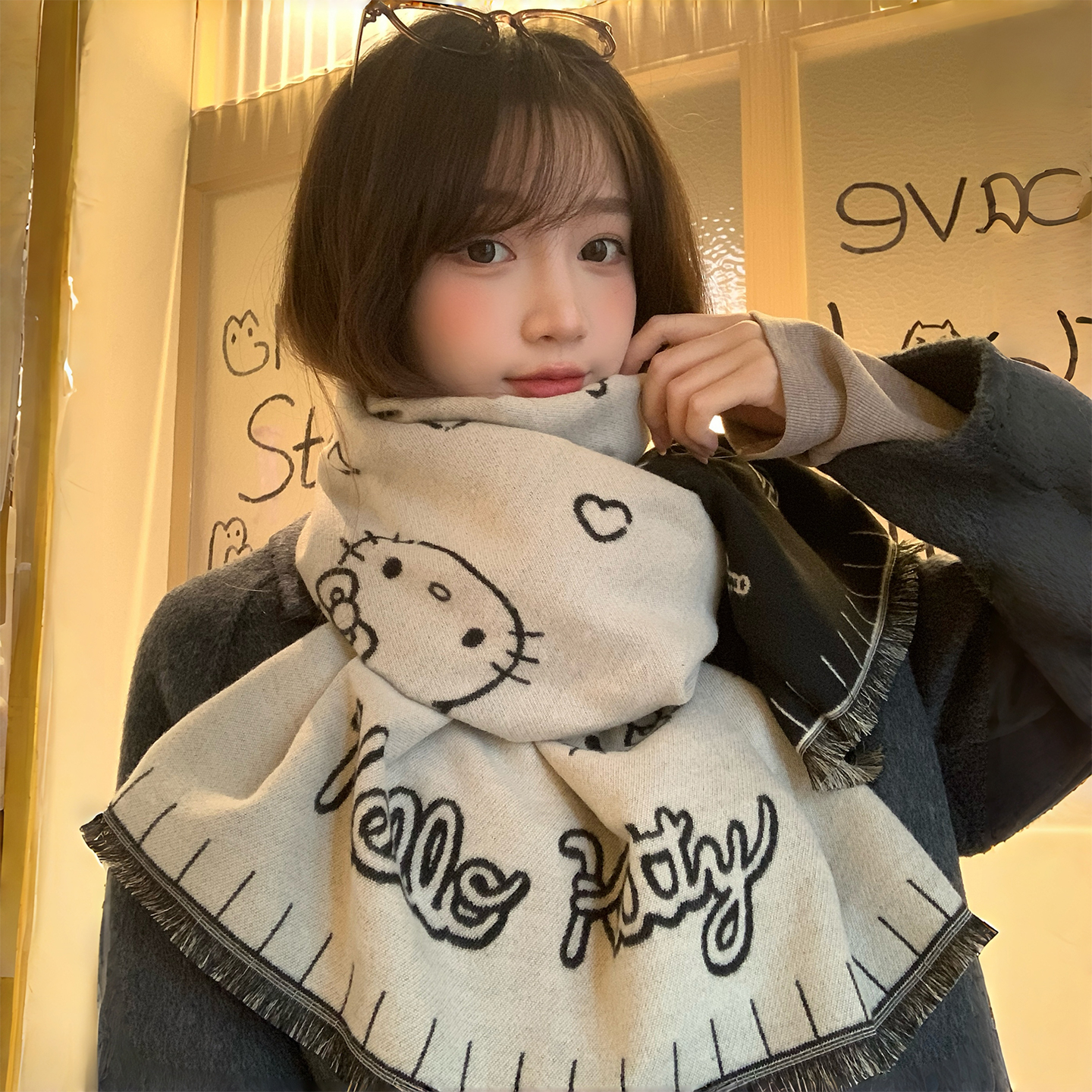 2025双面仿羊绒保暖kt围巾围脖