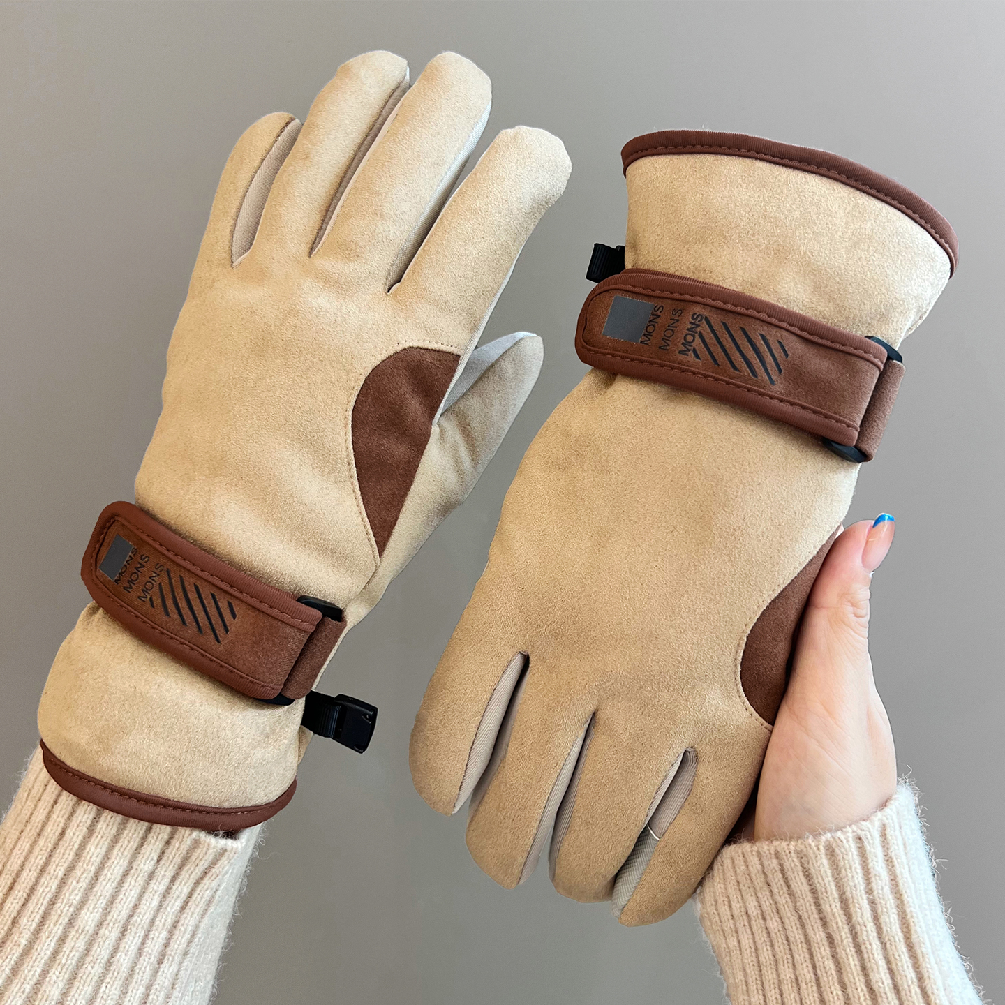 手套冬季女士加绒加厚骑行电动车运动防寒御寒保暖触屏麂皮绒手套