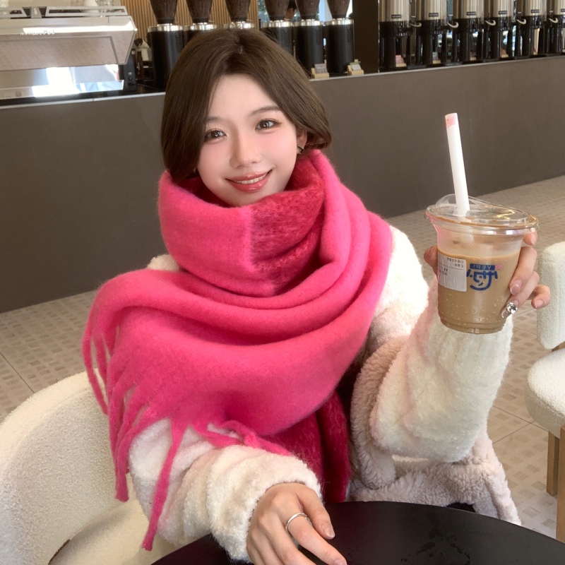 围巾女冬季韩版百搭时尚拼色条纹流苏马海毛加厚保暖学生围脖男潮