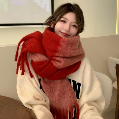 红色围巾加厚保暖围脖女冬季