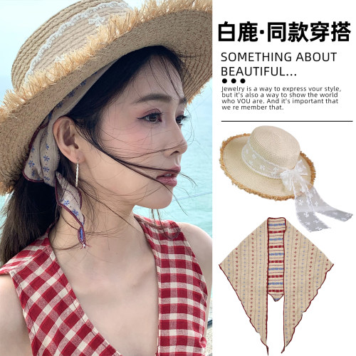 白鹿同款小丝巾女夏季三角巾蕾丝飘带草帽防晒草帽遮阳度假帽子