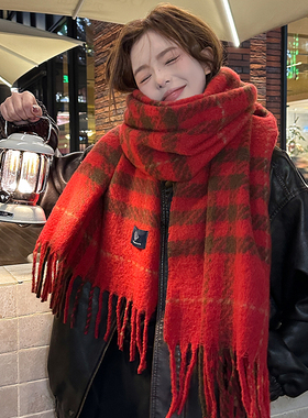 高级感红色格子氛围感围巾女韩版百搭ins围脖保暖学生情侣披肩男