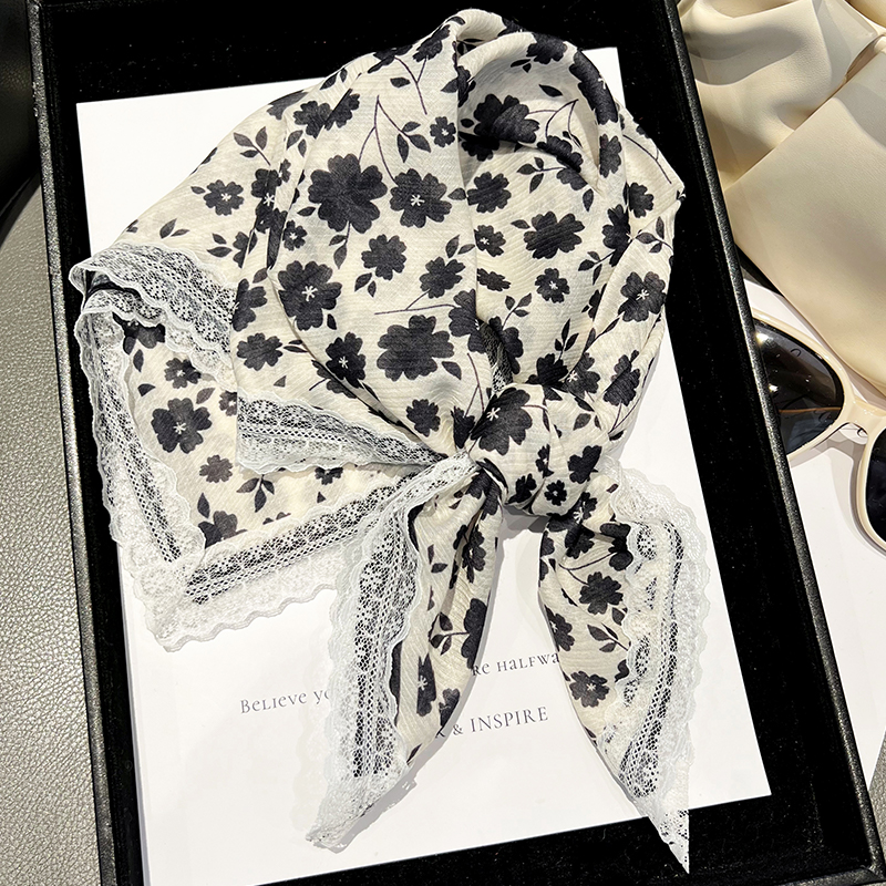 法式复古蕾丝包头丝巾女百搭薄棉麻小方巾装饰领巾围巾三角巾头巾