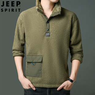 上衣 加绒加厚摇粒绒套头卫衣半开衫 jeep吉普男装 抓绒衣男秋冬新款