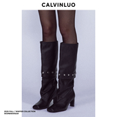 CALVINLUO 铆钉堆堆靴 可拆卸两穿长筒靴女复古方头时尚 25秋季 新品