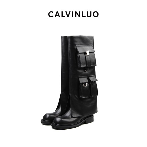 CALVINLUO 秋冬新品 女式黑色工装平底裤管靴 圆头高筒时尚长靴