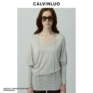 针织衫 CALVINLUO V领系带蝙蝠袖 新品 女宽松显瘦慵懒感上衣 25秋季