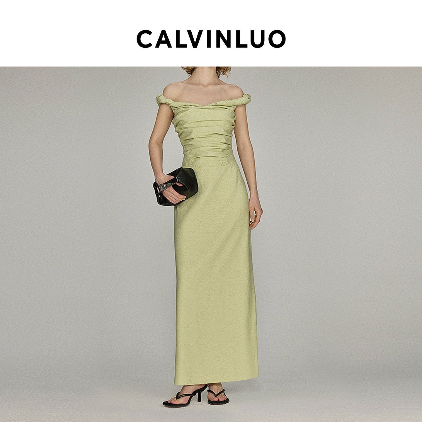 CALVINLUO 抹胸扭结一字肩法式长款连衣裙夏季新品女修身显瘦裙
