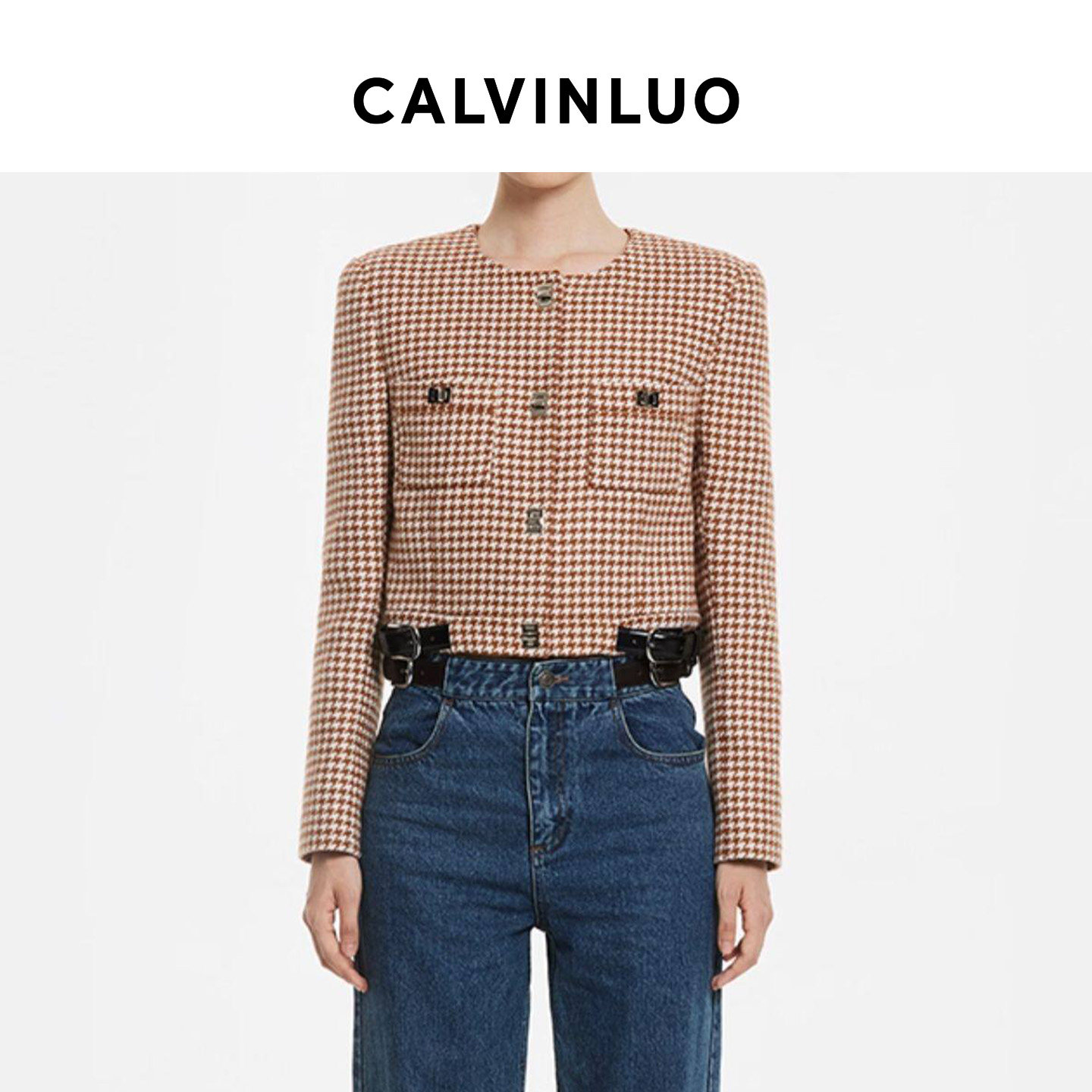 CALVINLUO 圆领皮带袢千鸟格短西装 复古修身春夏新品上衣棕/红色