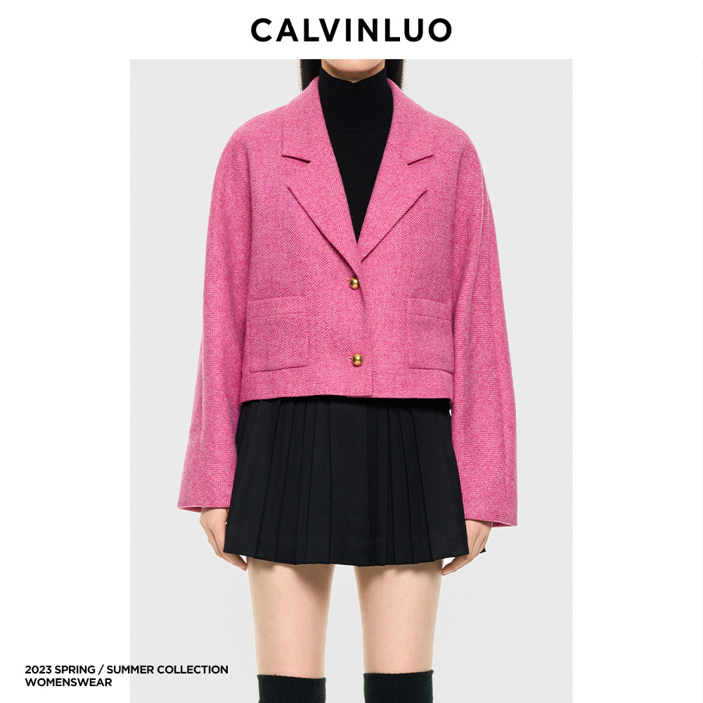 CALVINLUO 人字纹茧型毛呢外套 23SS 粉色/黑色