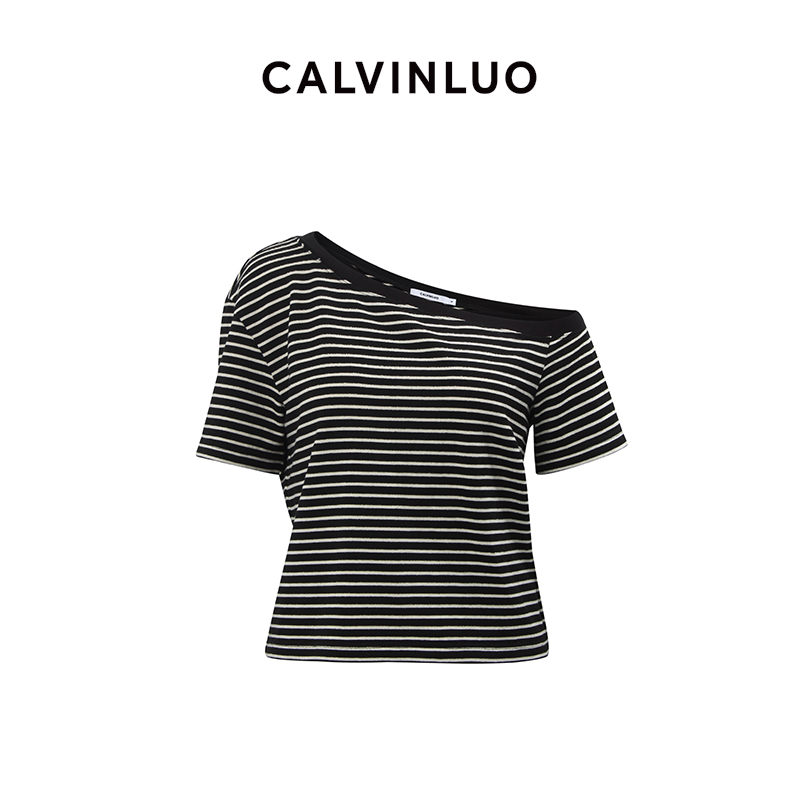 CALVINLUO 不对称露肩条纹设计感短袖T恤航海风  易梦玲同款
