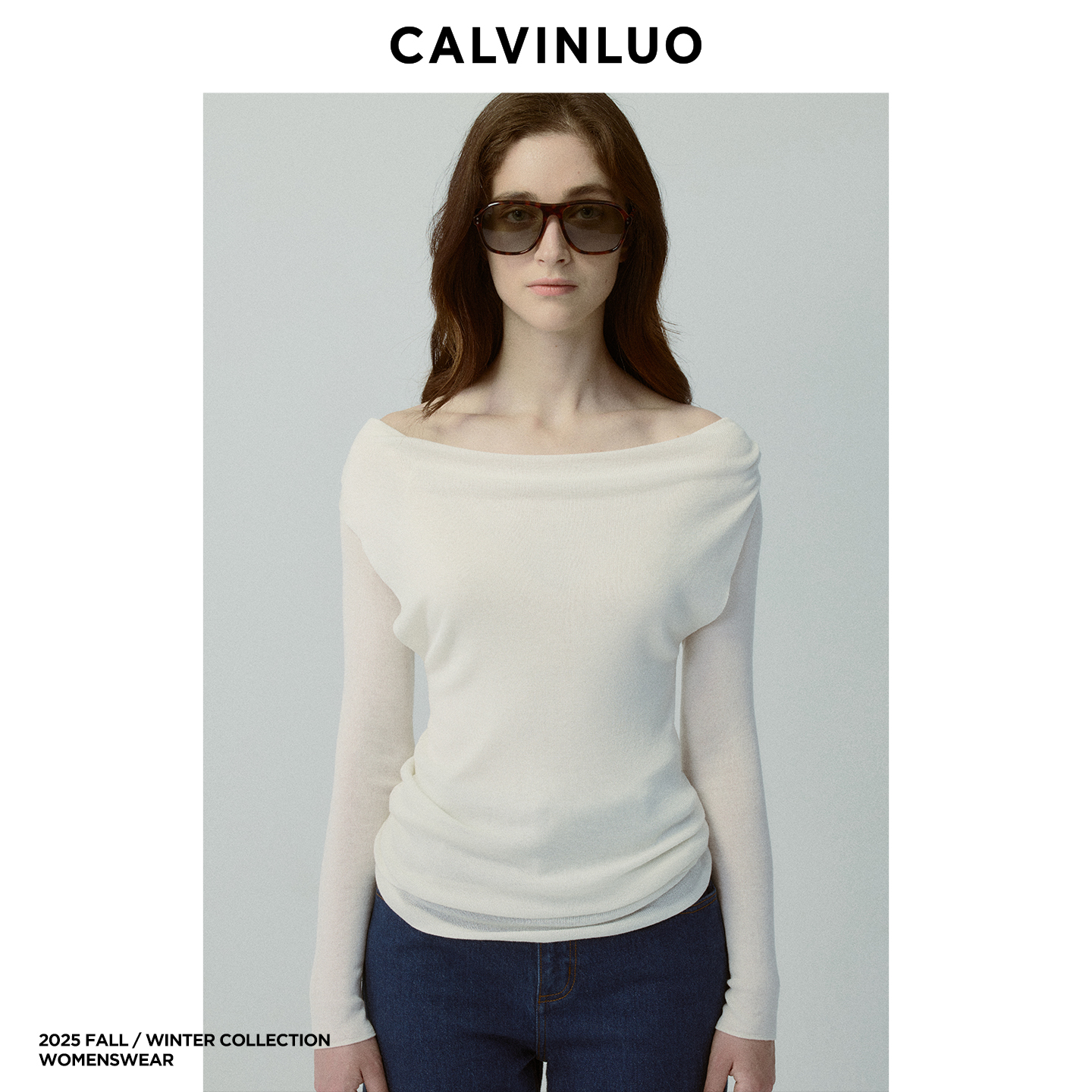 CALVINLUO一字肩假两件长袖针织