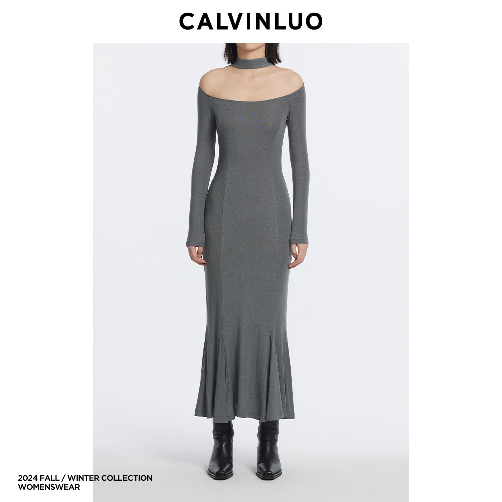大领口长款修身连衣裙