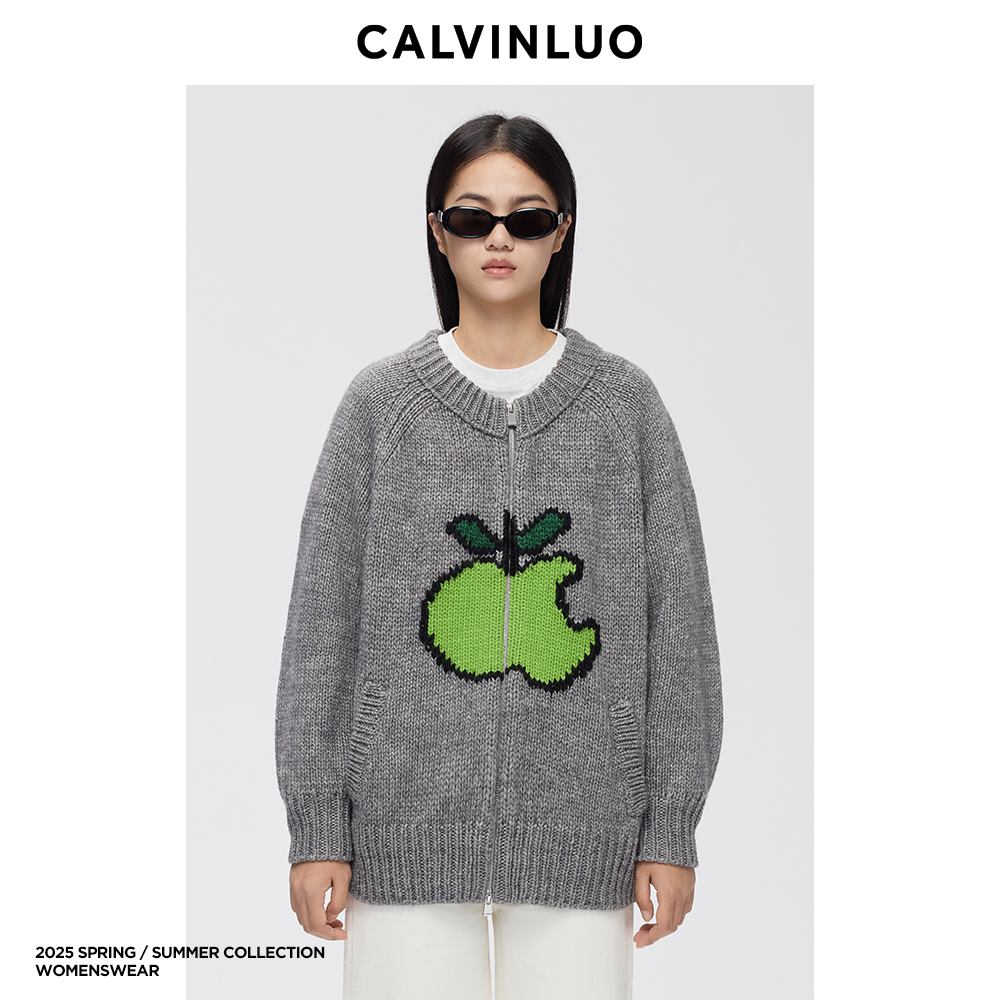 苹果图案毛衣拉链开衫外套