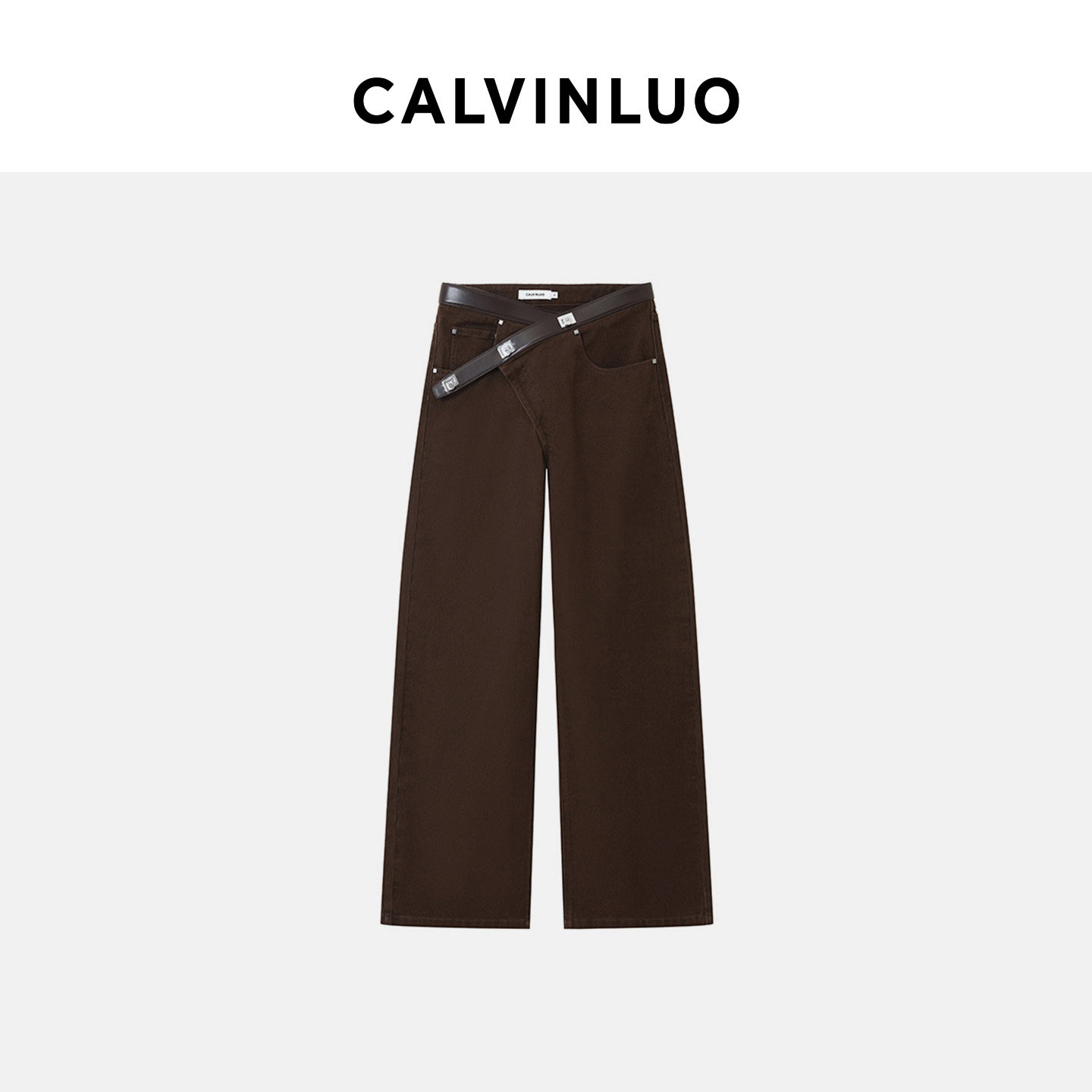 CALVINLUO 斜门襟腰带牛仔裤直筒裤 新品 粉色/棕色图片
