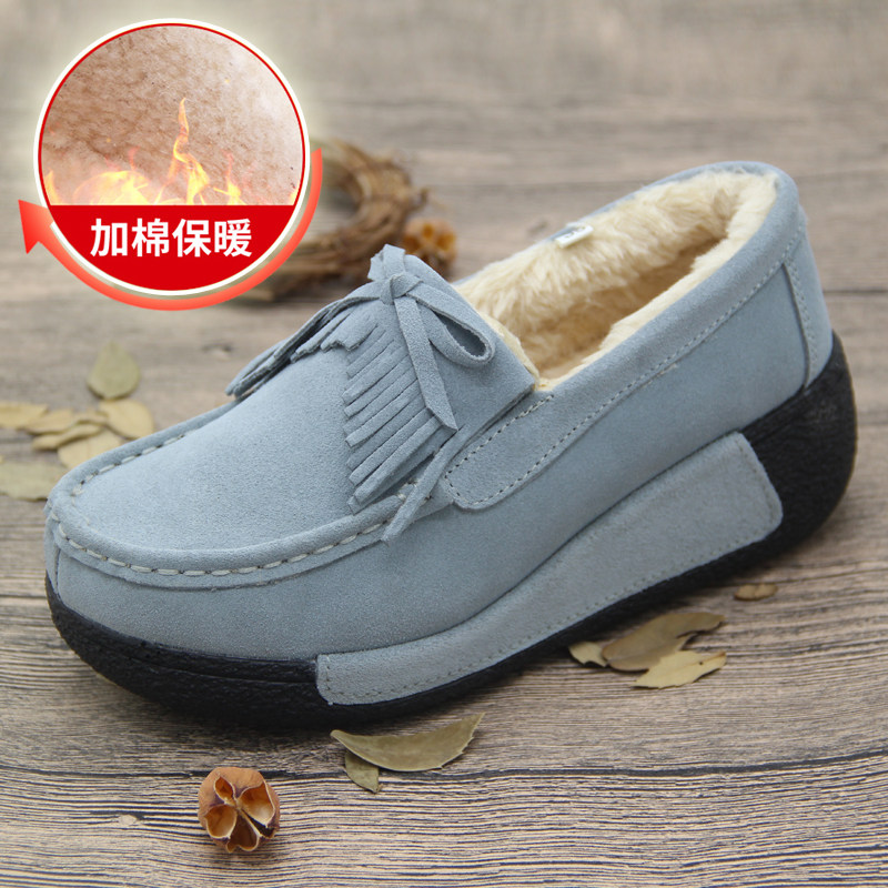 冬季新款加绒棉鞋磨砂真皮摇摇鞋女松糕鞋软增高厚底坡跟套脚女鞋