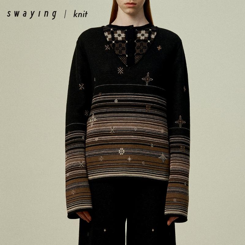 SWAYING官方 V领雪花提花套衫 25PS早春新款气质百搭针织打底衫女