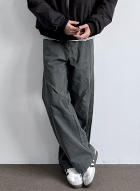 ONUN美式复古灰绿色水洗做旧珠帆直筒工装裤宽松休闲百搭解构长裤
