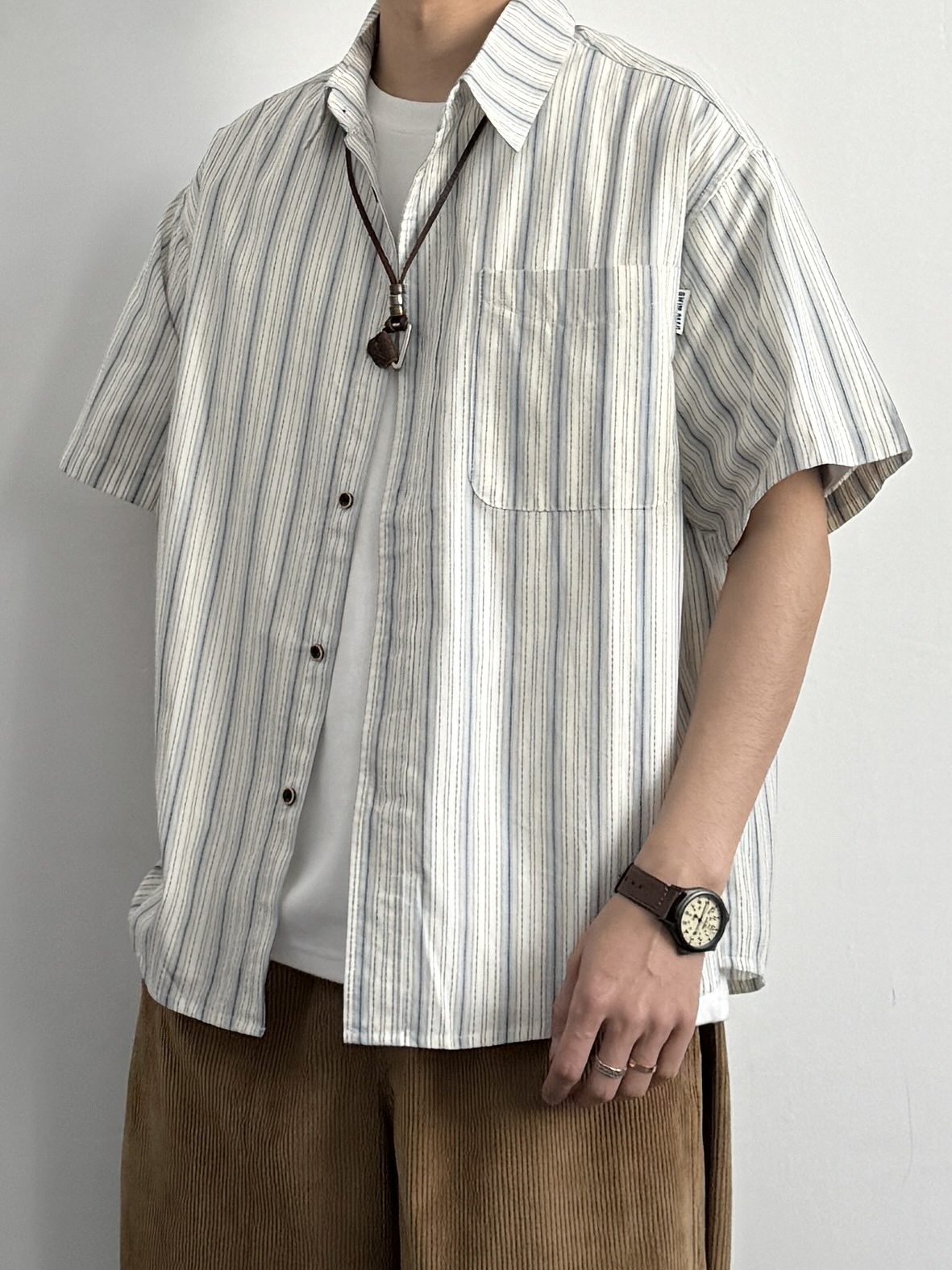 ONUN日系宽松蓝色条纹短袖衬衫