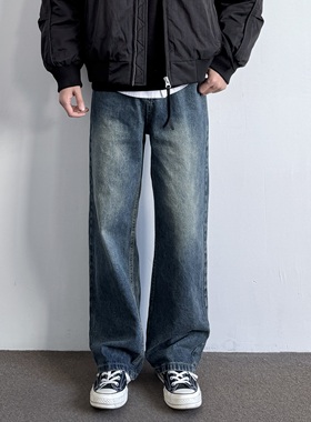 ONUN复古水洗做旧复古蓝色直筒牛仔裤2025新款男生松紧腰休闲长裤