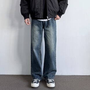 男生松紧腰休闲长裤 ONUN复古水洗做旧复古蓝色直筒牛仔裤 2026新款